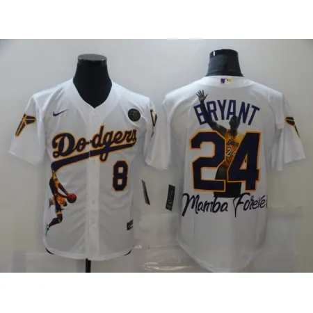 Men's Los Angeles Dodgers Front #8 Back #24 Kobe Bryant White With KB Patch Cool Base Stitched Jersey CW0C