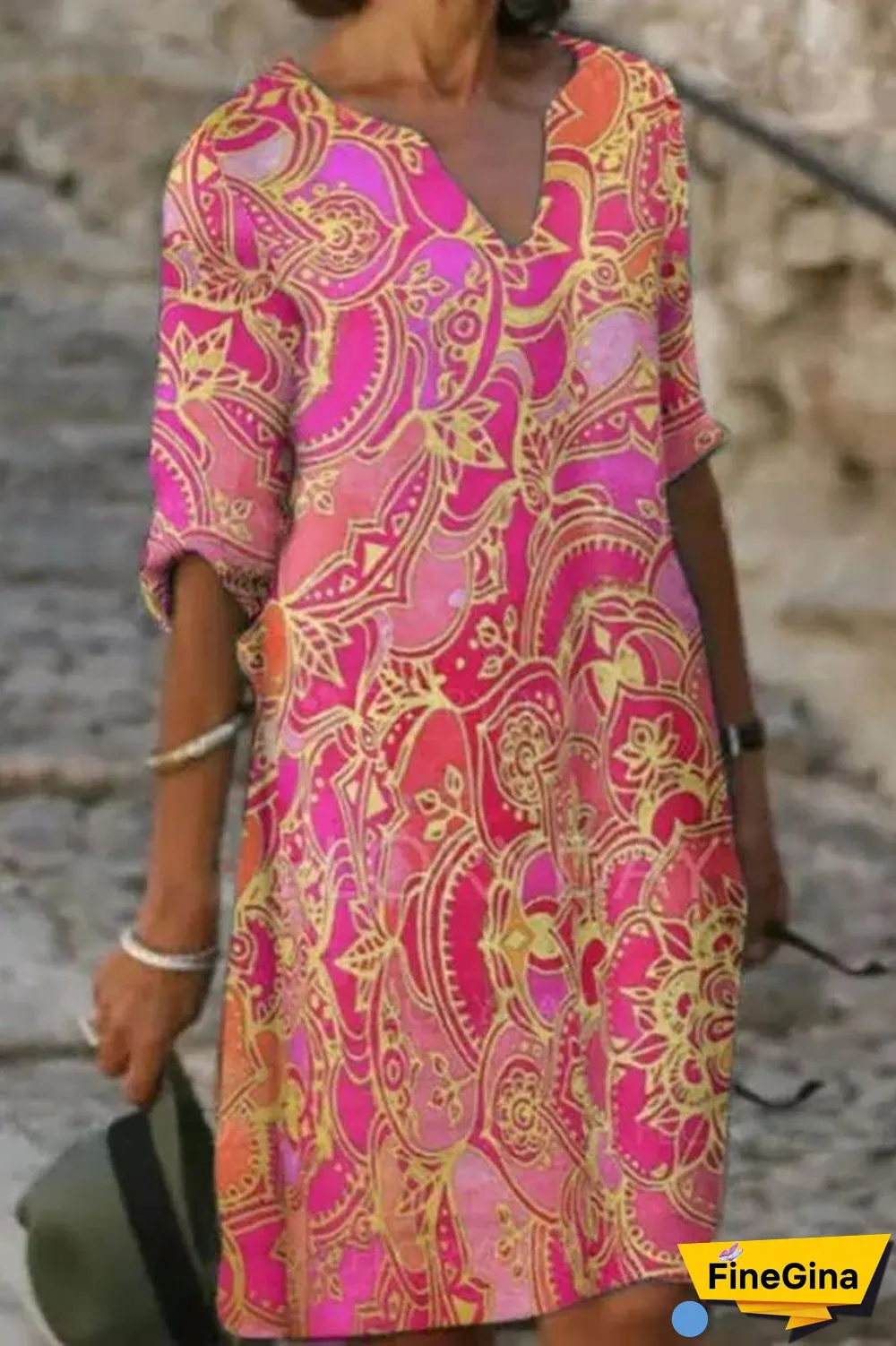 Half Sleeve V-Neck Floral Print Dress