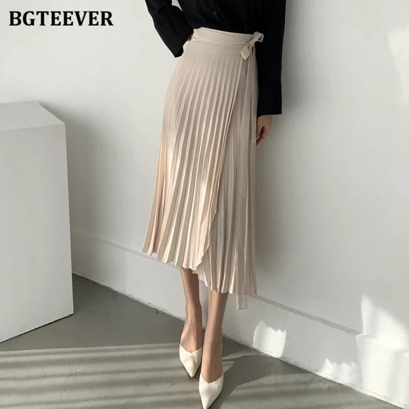 BGTEEVER Elegant High Waist Lace-up Women Pleated Skirts 2021 Summer Loose One-piece Female Midi Skirts