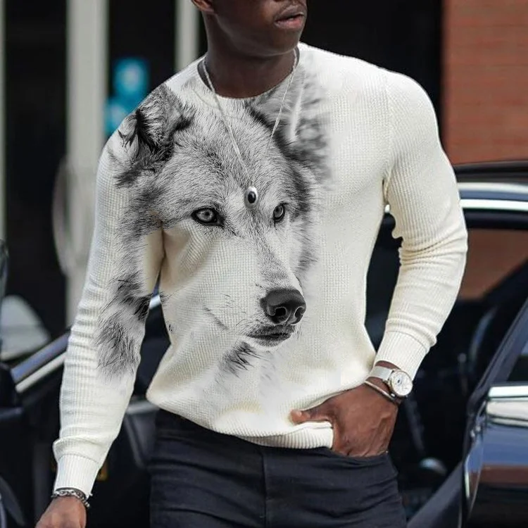 Men's Fashion Wolf Print Round Neck Sweater