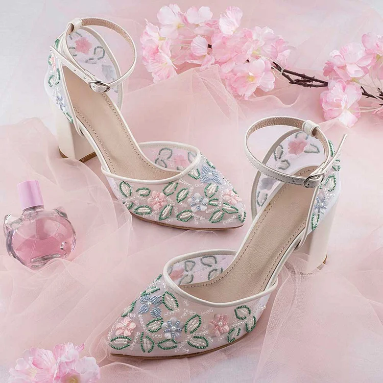 White Tulle Beaded Embroidery Ankle Strap Block Heel Wedding Shoes |FSJ Shoes
