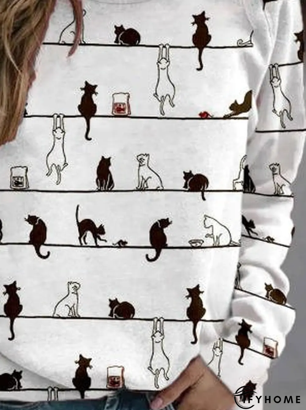 Women Casual Cute Cat Crew Neck Long Sleeve Shirt & Top | IFYHOME