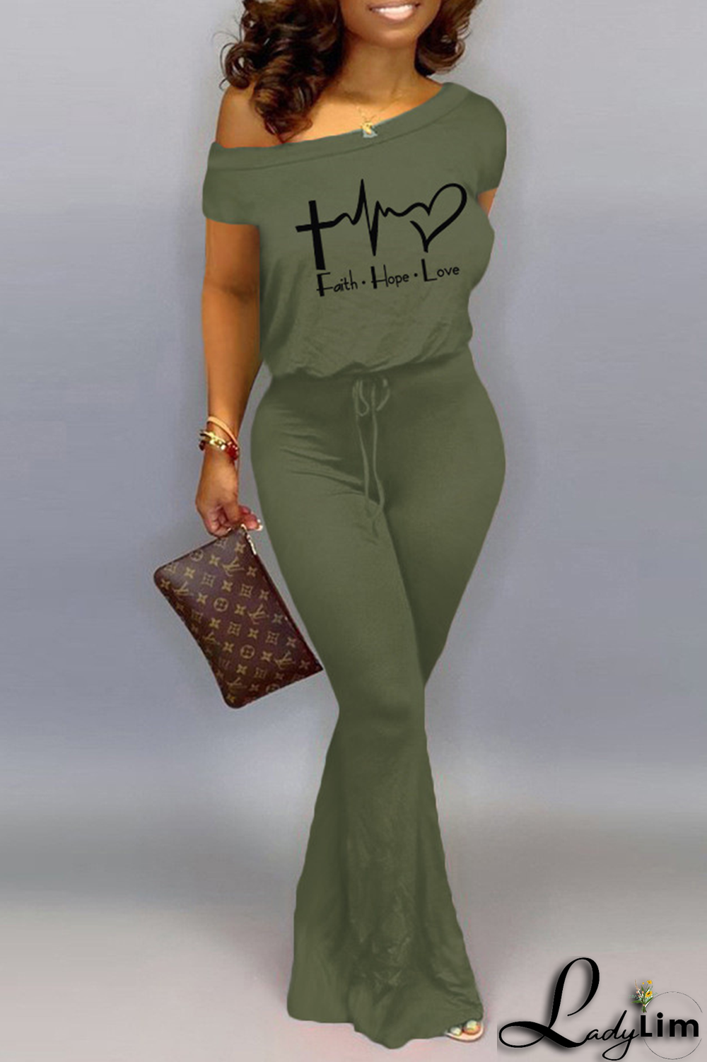 Grey Fashion Print Split Joint One Shoulder Boot Cut Jumpsuits