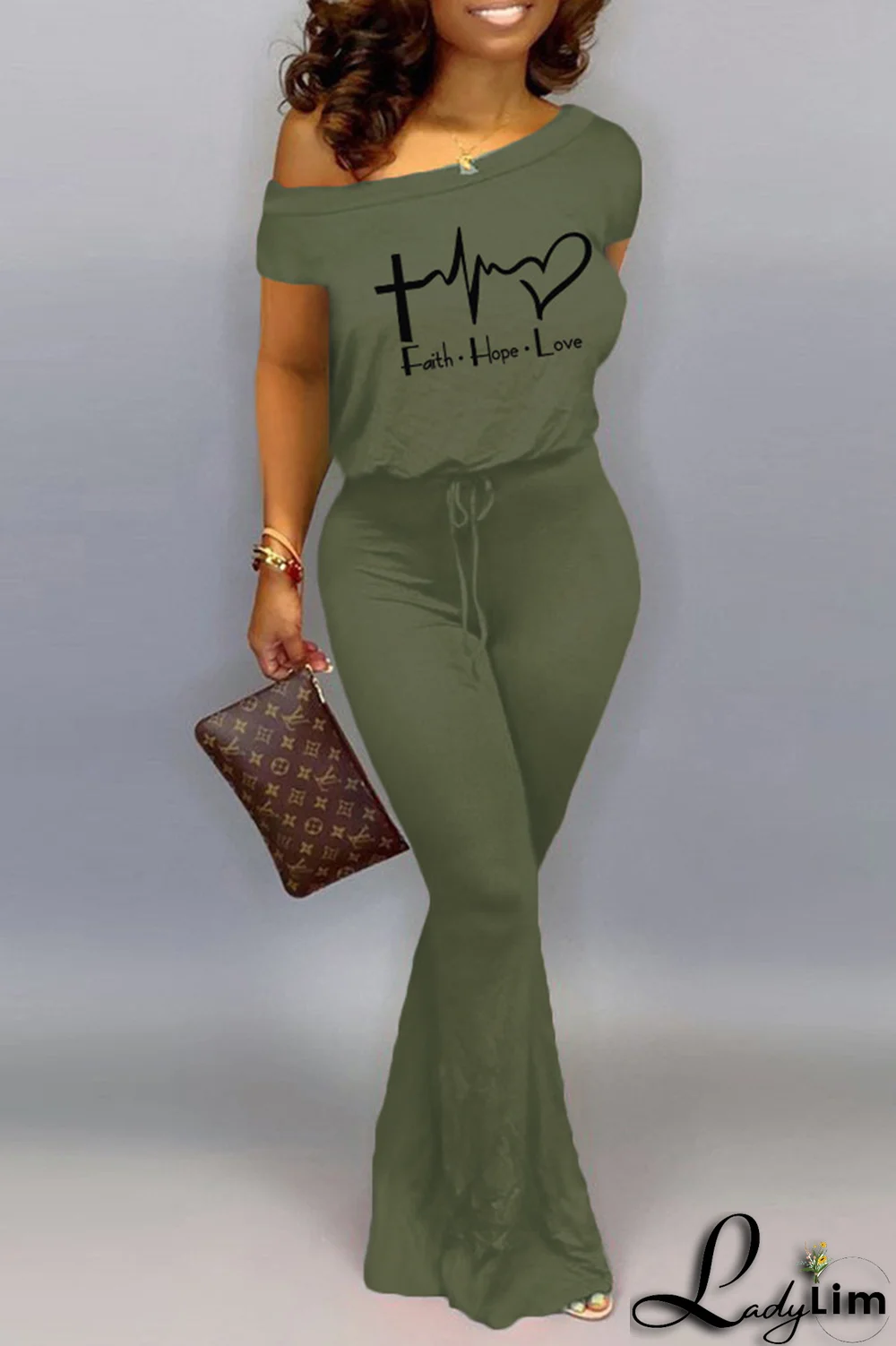 Grey Fashion Print Split Joint One Shoulder Boot Cut Jumpsuits