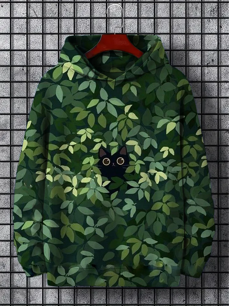 Men's Cute Black Cat Hiding Green Leaves Print Casual Hoodie
