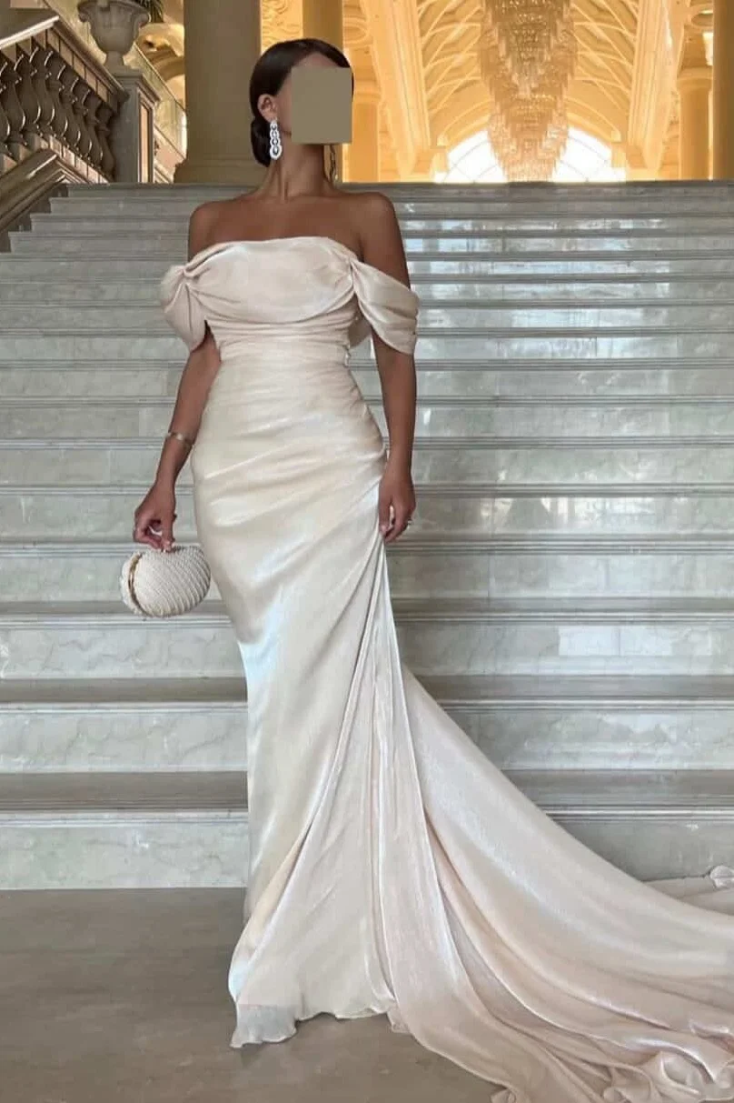 Off-The-Shoulder Strapless Sleeveless High-Waisted Long Mermaid Prom Dress With Pleated And Train | YC0432 Wellcucu