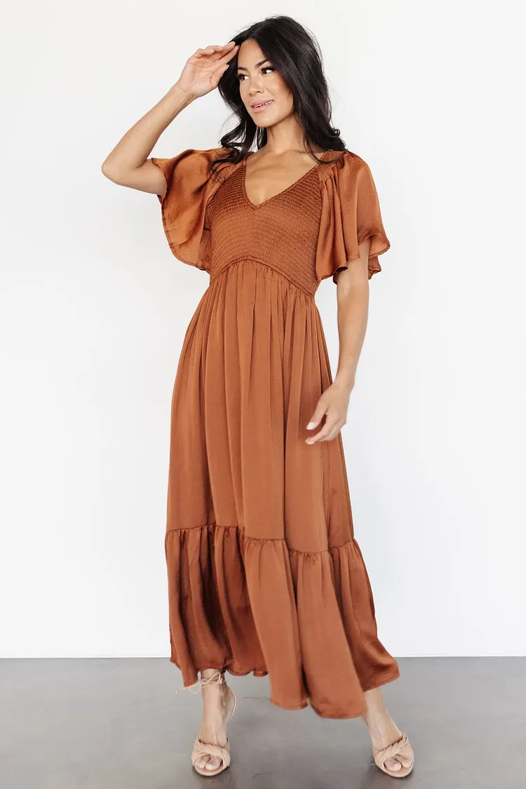 Smocked Floral Midi Dress - Dark Copper
