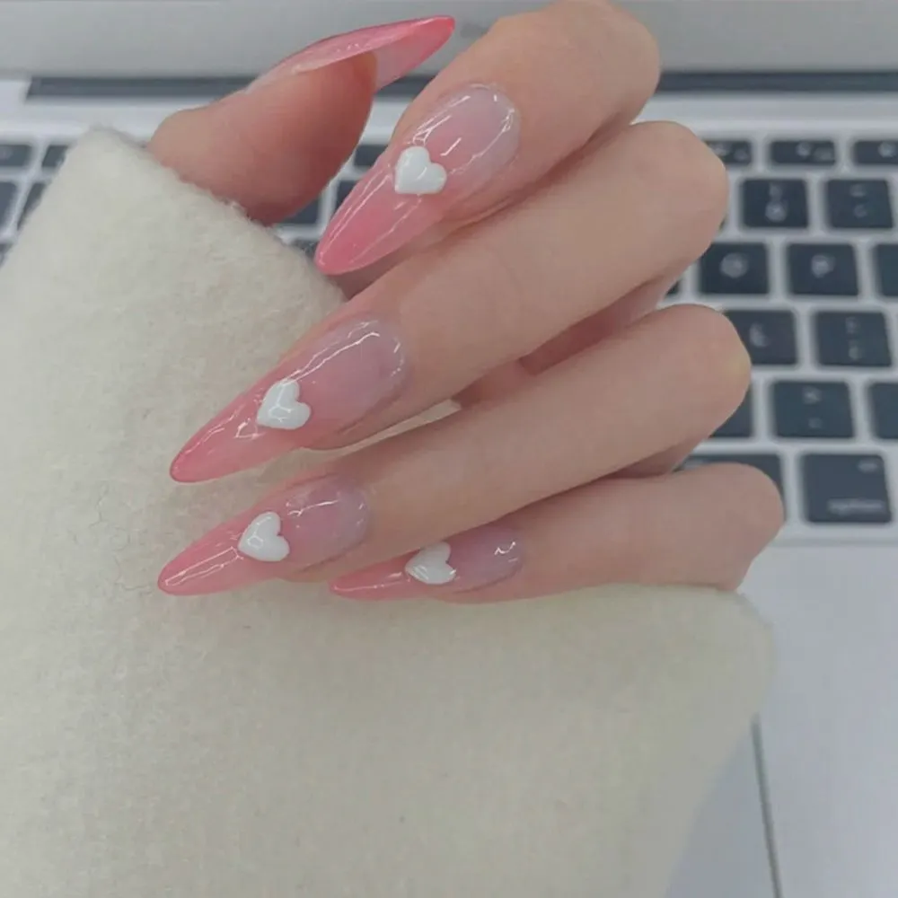 24Pcs Long Ballerina False Nail Love Pattern French Coffin Fake Nails Full Cover Wearable DIY Manicure Tools Press On Nails-Nail Inspo