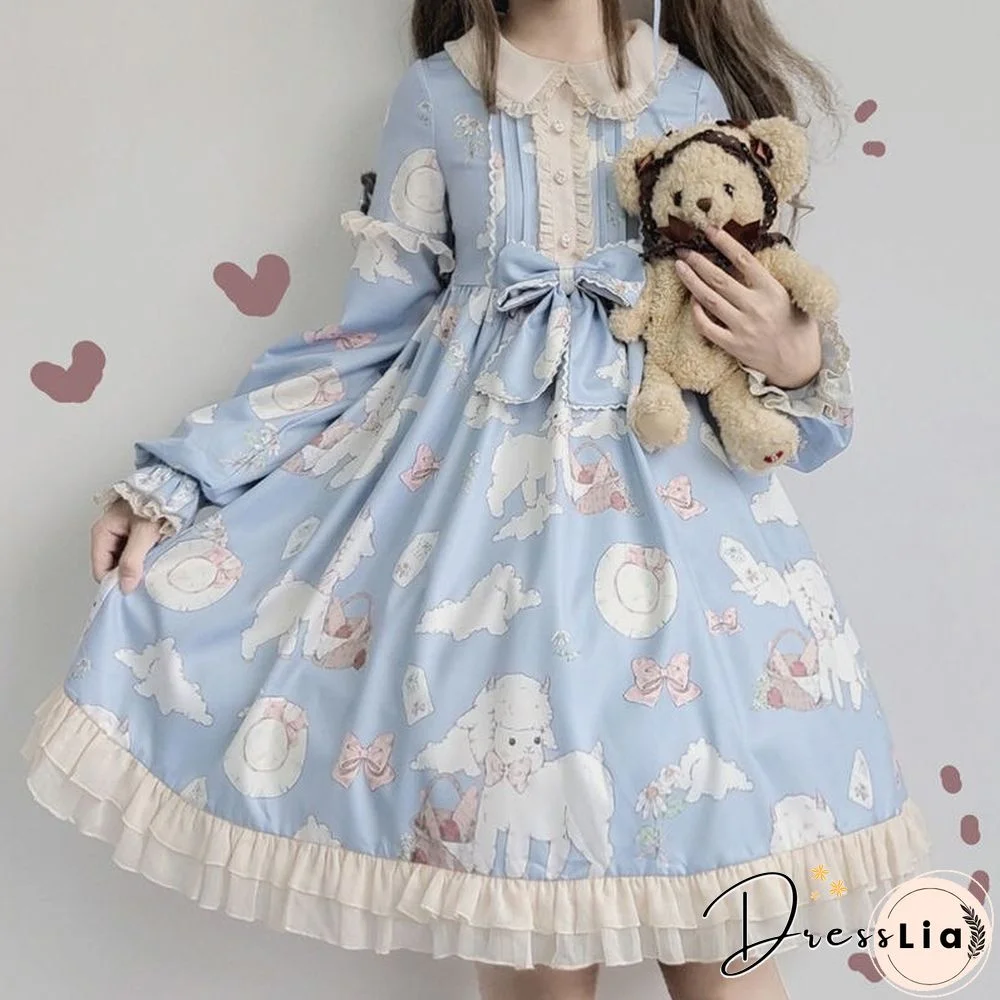 Kawaii Japanese Lolita Vintage dress Lamb Printing lolita dress women soft girl style cute Princess lace dress cute