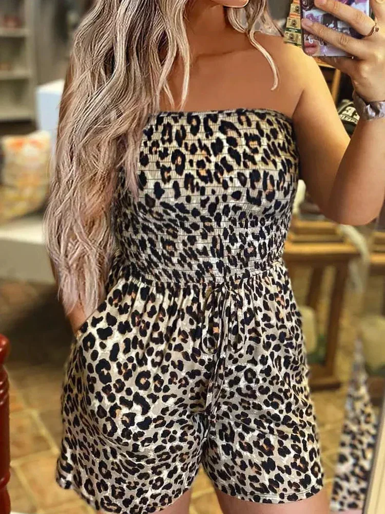 Budgetg Print Jumpsuit Tube Top Sleeveless Off-Shoulder Jumpsuit Romper Sexy Bodycon Leopard Print For Women