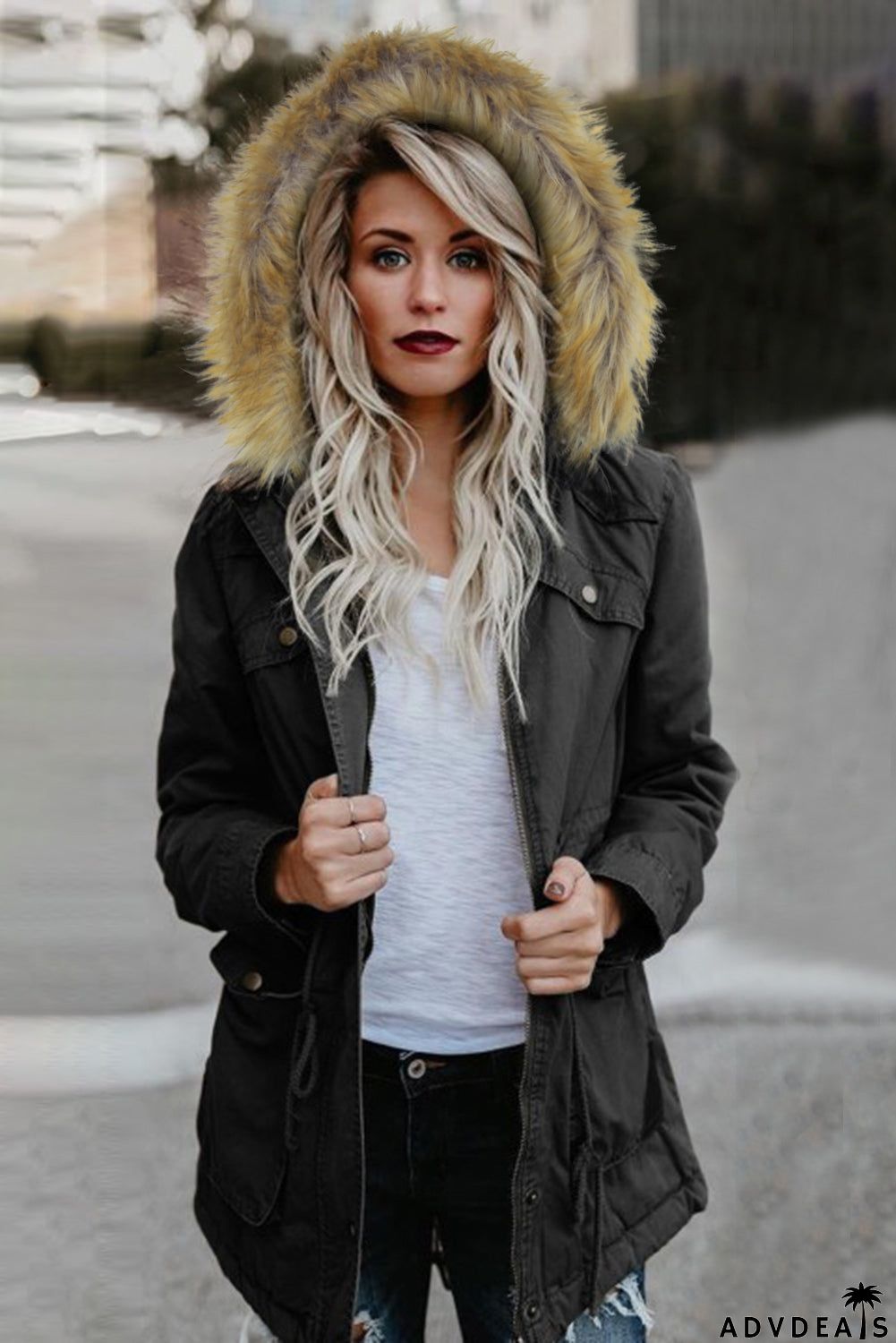 Zipper Snaps Pocket Plush Hooded Parka Jacket