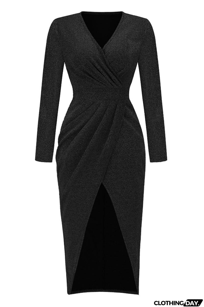 Sweet Elegant Solid Bronzing Sequins V Neck One Step Skirt Dresses(3 Colors)