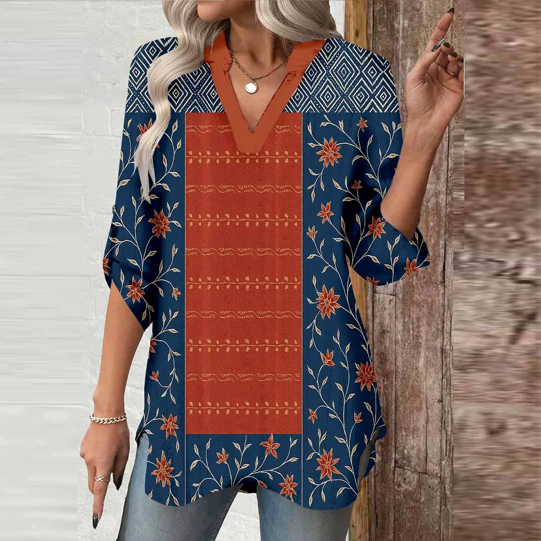 Women Bohemian,Red,Blue,Floral DZGA0280 3/4 Sleeve V-neck Printed Graphic Button Tops