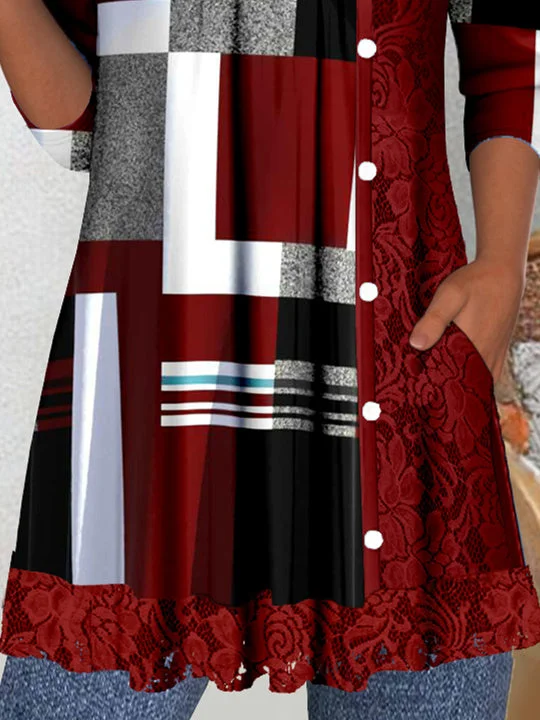 Women's Long Sleeve Scoop Neck Graphic Lace Buttons Top