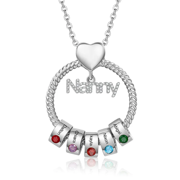 5 Names-Personalized Nanny Circle Necklace With 5 Birthstones Pendant Engraved Names Gift For Nanny