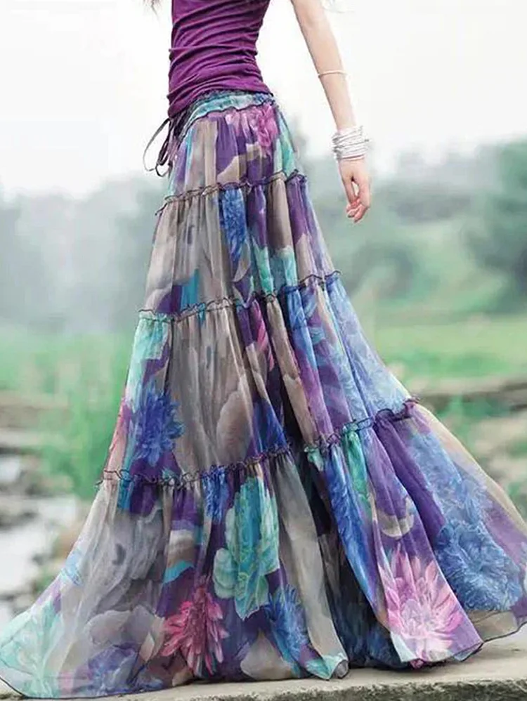 Bohemian Floral Drawstring Wrinkled Patchwork Print Big Swing Maxi Skirt