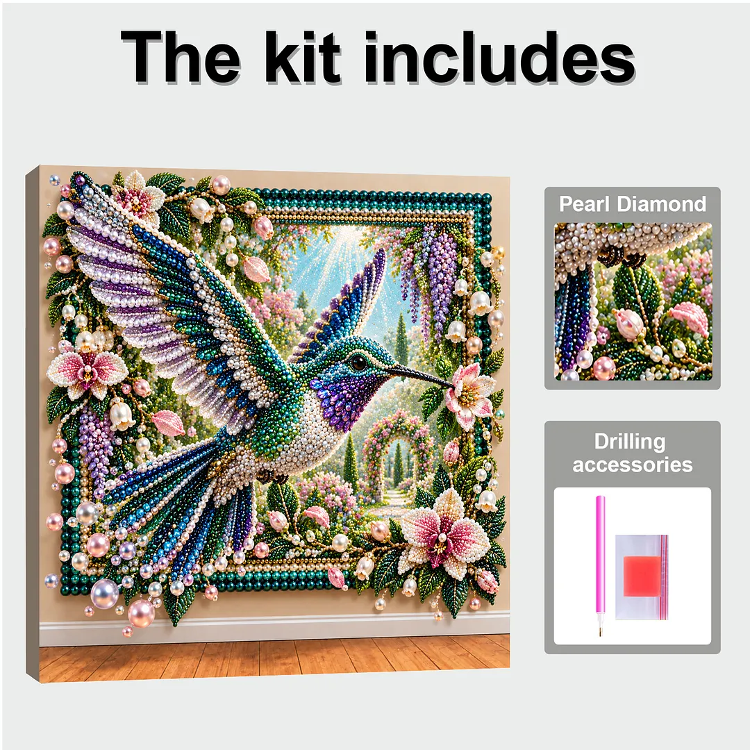 Framed Pearl Painting Kit Hummingbird Garden for Adults 12x12in