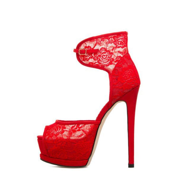 Red Lace Ankle Wrapped Platform Stiletto Heel Wedding Sandals |FSJ Shoes
