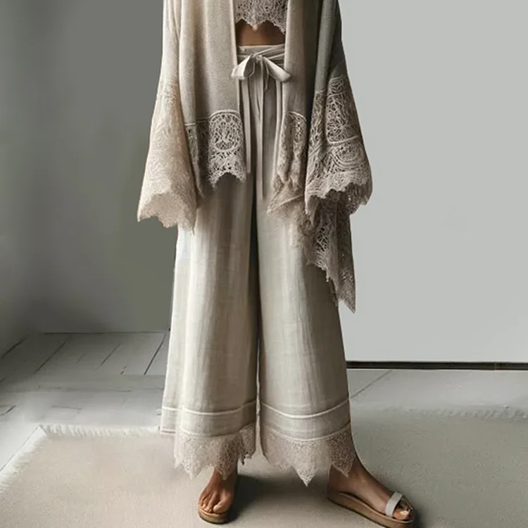 Ursime Cotton And Linen Drawstring Wide Leg Lace Hem Pants