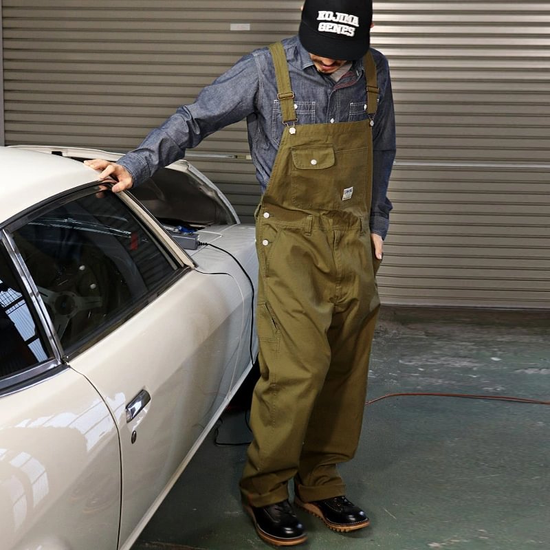 Army Green Wide-Leg Straight Canvas Bib Overalls