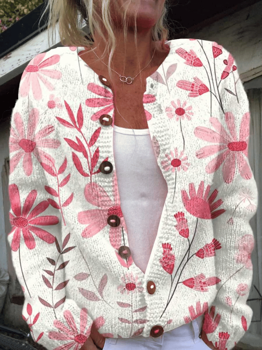 Women's Breast Cancer Pink Floral Print Cardigan
