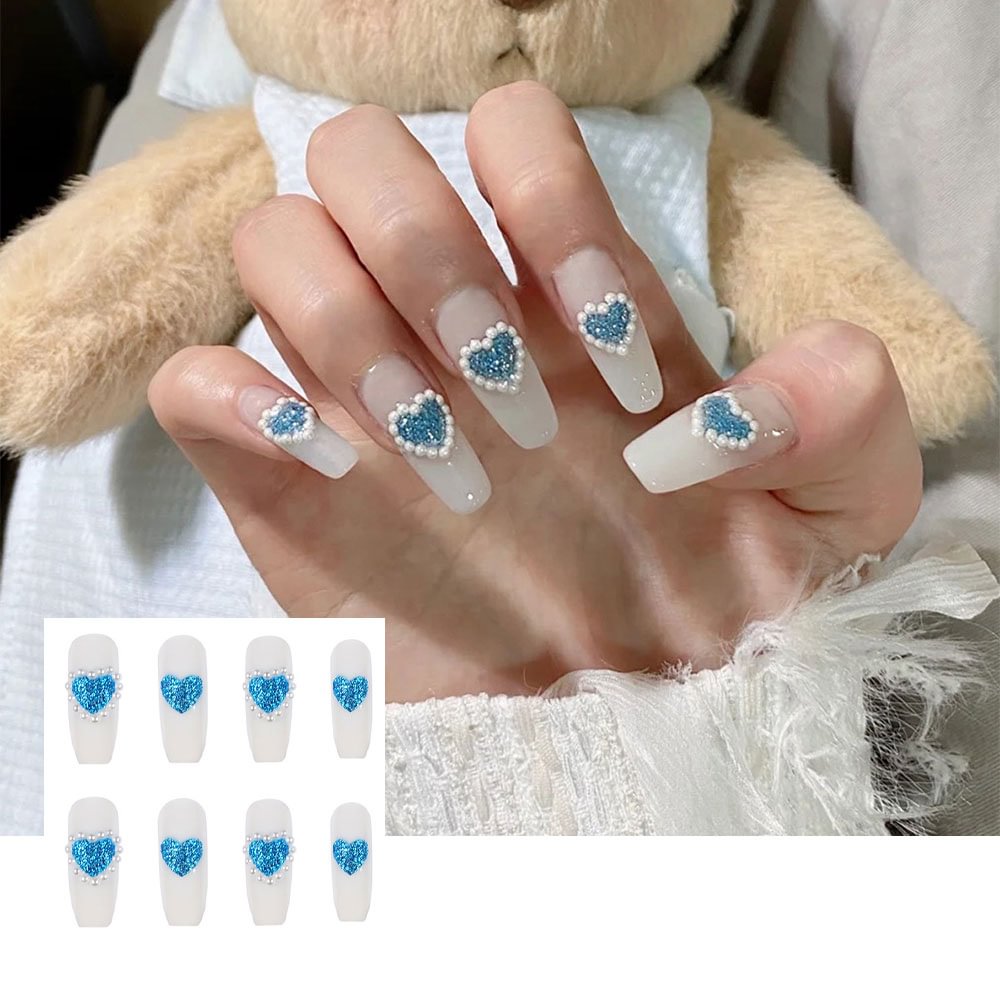 Shecustoms™ 24 Pcs Blue Glitter Heart Pearls Press On Nails Coffin Long Fake Nails