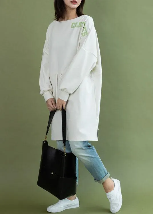 Vivid white Cotton tunic top drawstring side open baggy fall Dress