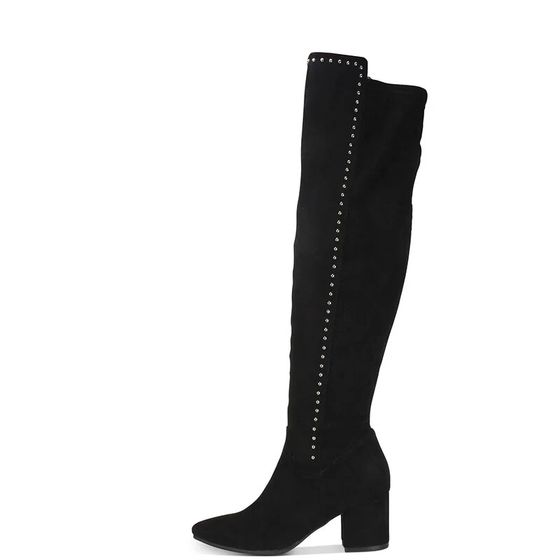 TAAFO Black Pointed Toe High Square Heels Women Over The Knee Boots Zipper Ladies Rivet Shoes