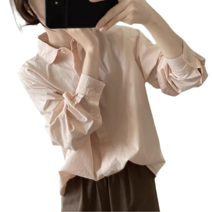 Athvotar Athvotar Shirt Women's Spring And Autumn New Loose Thin Korean Version Of Age-Reduction Long-Sleeved Basic Simple Solid Color Top