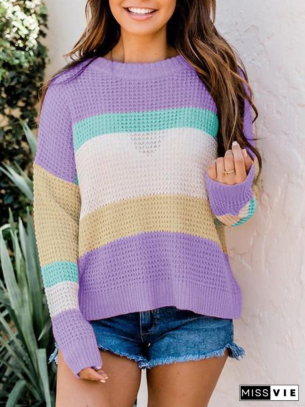 Color Block Round Neck Sweater