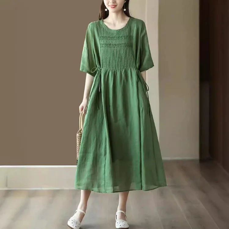 Literary Ramie Pleated Short Sleeve Dress