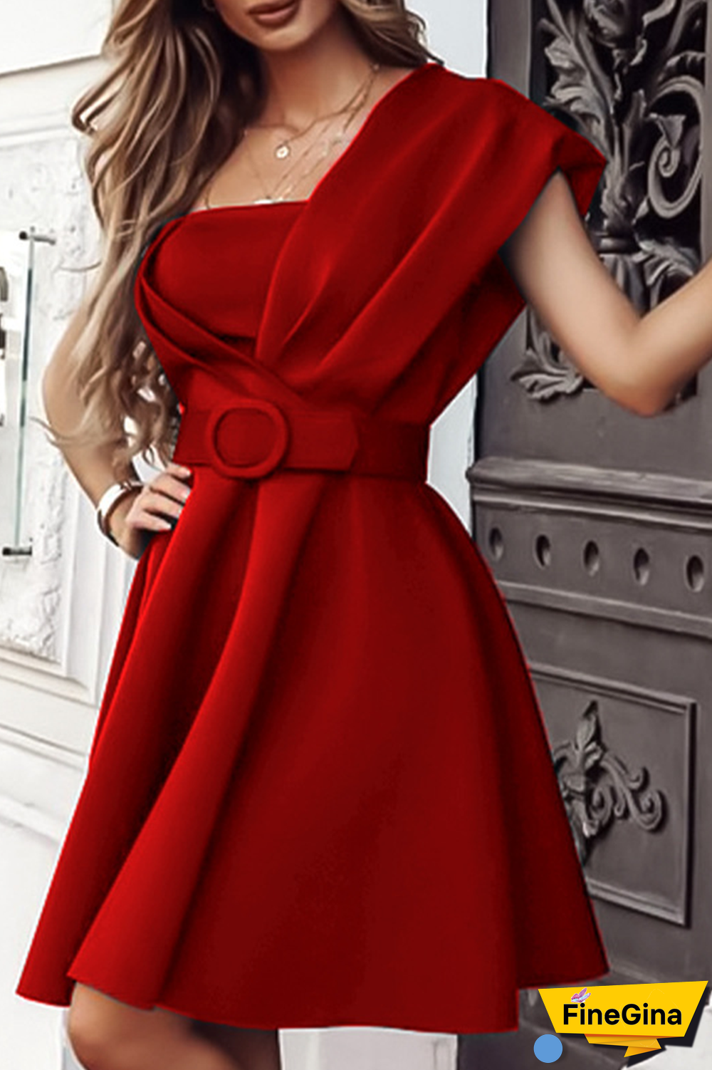 Party Solid Patchwork One Shoulder Waist Skirt Dresses