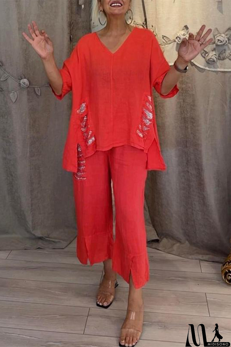MidiSono - Casual Daily Ripped Sequins Irregular V Neck Half Sleeve Two Pieces(8 Colors)