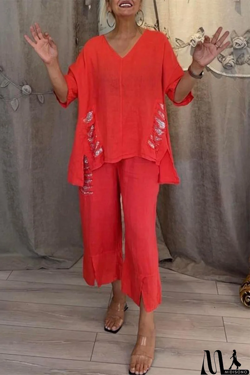 MidiSono - Casual Daily Ripped Sequins Irregular V Neck Half Sleeve Two Pieces(8 Colors)
