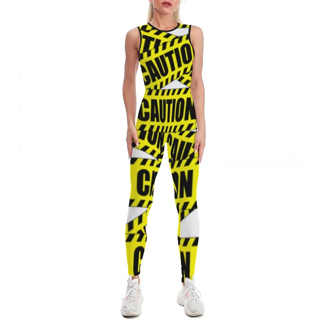 Caution Tape Design Bodycon Tank One Piece Jumpsuits Long Pant Retro Yoga Printing Rompers Playsuit for Women