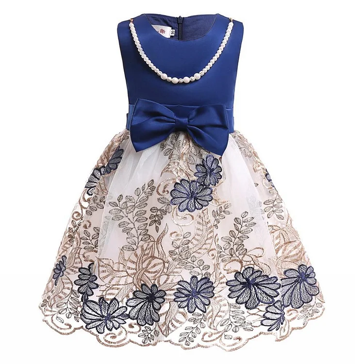 Girls Blue Bowknot Fewer Lace Party Gown Dress Within Pearl Necklace-Mayoulove