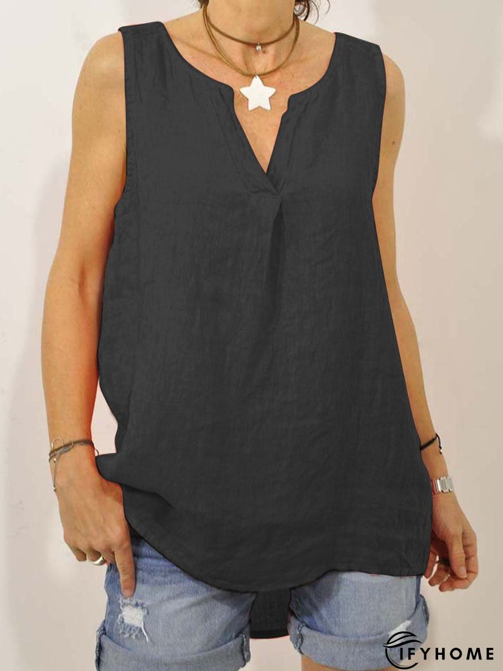 Plus Size Casual Sleeveless V Neck Solid Tops | IFYHOME
