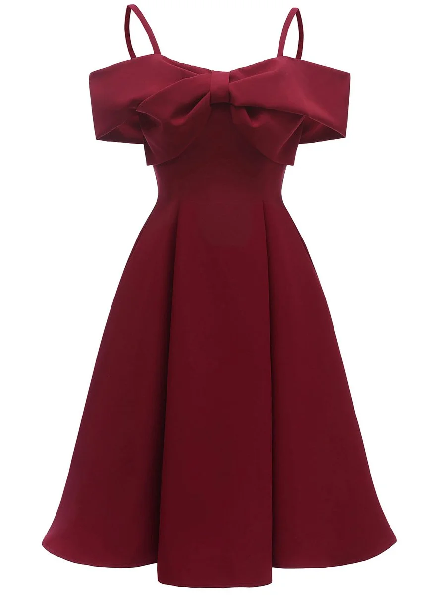 1950s Dress Off Shoulder Slip Bow Decor Dress