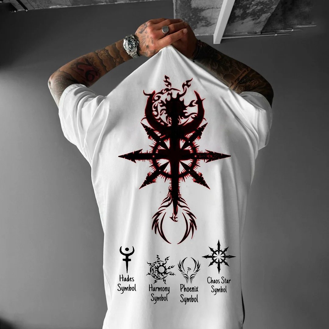 Unisex Casual Viking Totem Printed T-shirt "Hades.Harmony.Phoenix.Chaos Star" Symbol Printed T-shirt