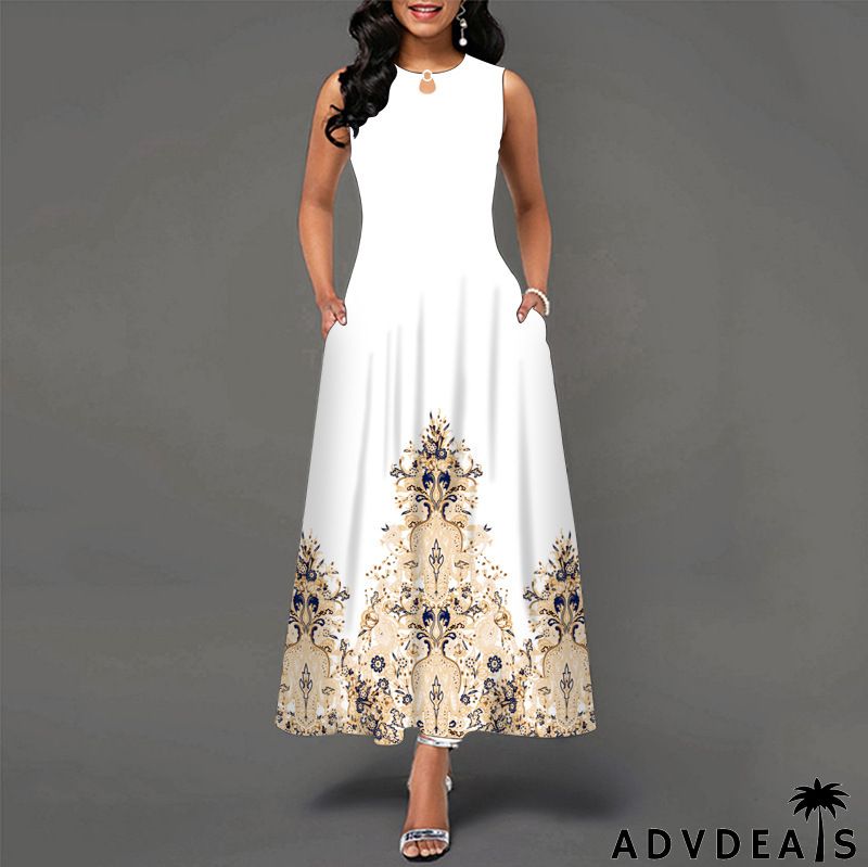 Women Fashion Plus Size Graphic Printing Sleeveless Swing Dress