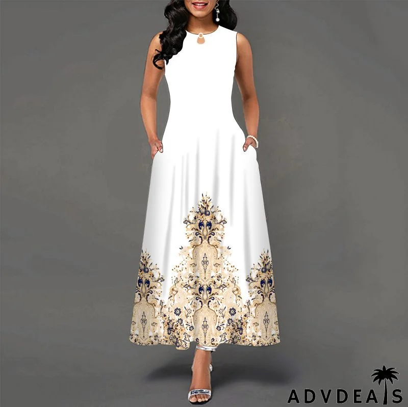 Women Fashion Plus Size Graphic Printing Sleeveless Swing Dress