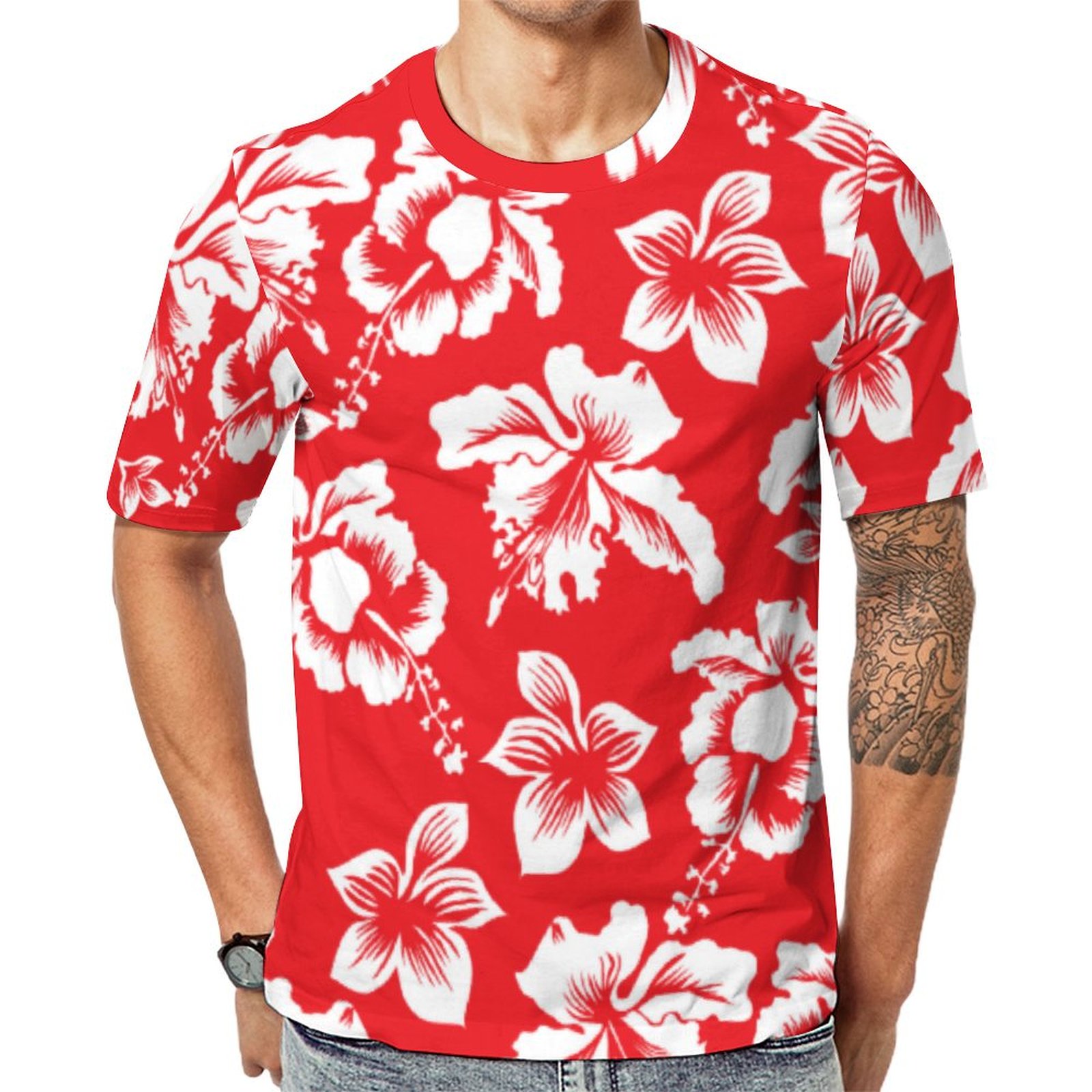 Red Hawaiian Hibiscus Flower Short Sleeve Print Unisex Tshirt Summer Casual Tees for Men and Women Coolcoshirts