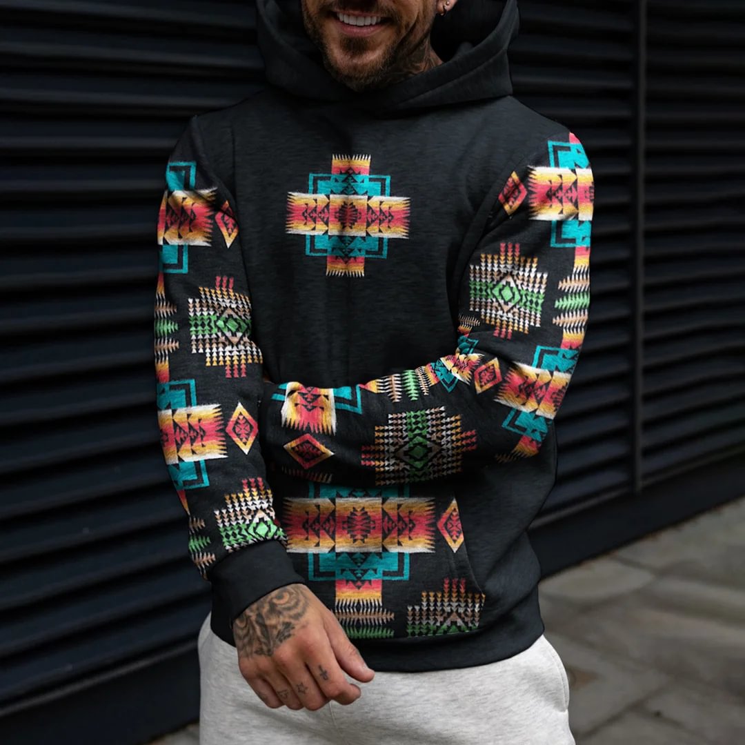 Casual Ethnic Print Color Matching Vintage Black Hoodie