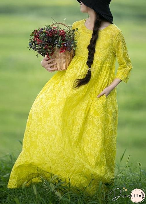 Organic O Neck Cinched Long Shirts Lnspiration Yellow Print Kaftan Dresses