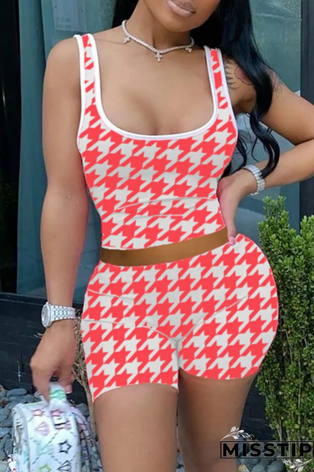 Pink Fashion Casual Print Basic U Neck Sleeveless Two Pieces