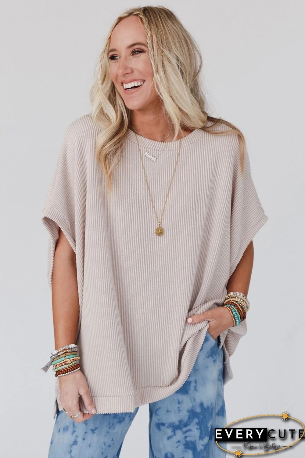 Apricot Ribbed Knit Batwing Sleeve Tunic Oversized T Shirt