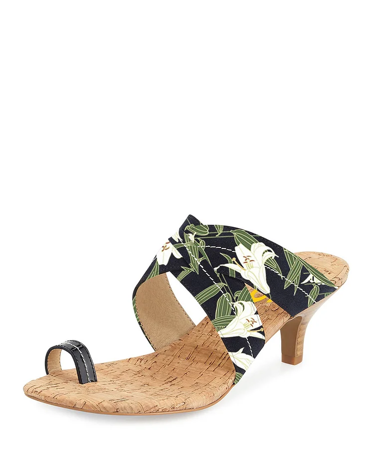 Women's Green Floral Print Toe Ring Sandals Kitten Heel Mules Shoes |FSJ Shoes