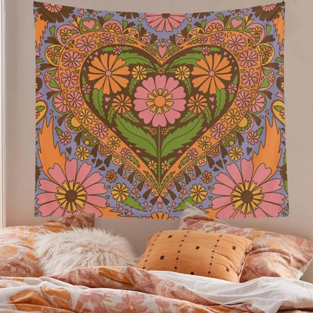 Vintage Nordic psychedelic hanging fabric background wall90S Floral Heart Wall blanket tapestry bedroom wall hanging  Floral