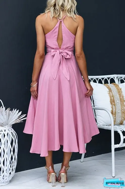 Cross V Neck Tie Back Swing Midi Cami Dress