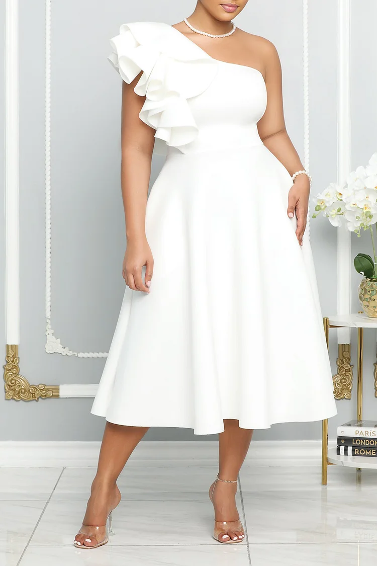 Plus Size Wedding Dress White One Shoulder Ruffles Flare Midi Dress 